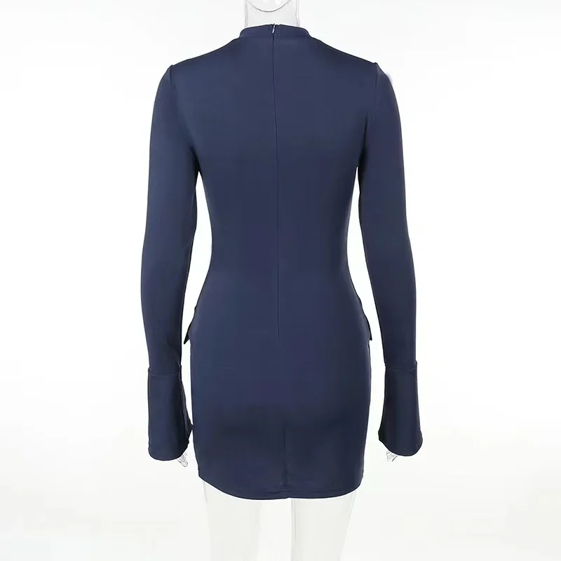 2023 Spring Commuting Mini Dress Women Autumn Elegant Pocket Long Sleeve Sexy Bodycon Dresses Solid Lady Chic Party Club Robes