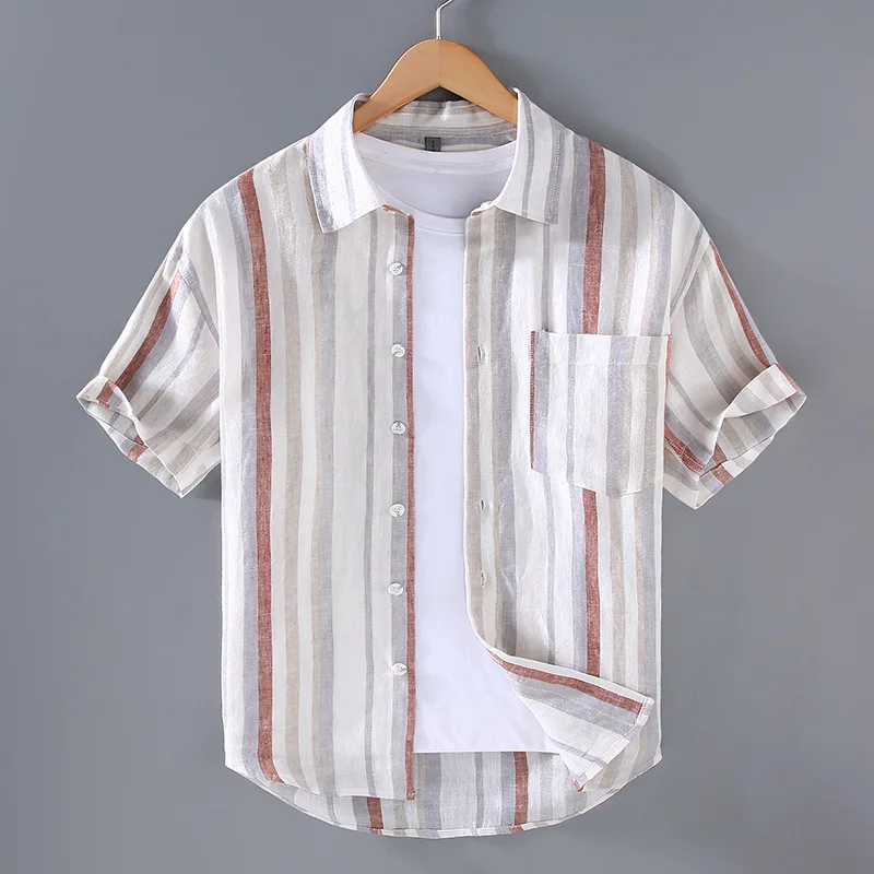 100% Linen Shirts for Men Summer Beach Causal New Male Shirts Pocket Short Sleeve Striped Shirt Daily Breathable Top Loose Shirt