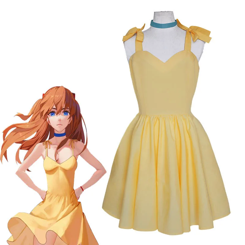 New 2024 Anime Asuka Langley Soryu Cosplay Costume Women Yellow Slip Dress Summer Fashion Clothes Halloween Party Outfits