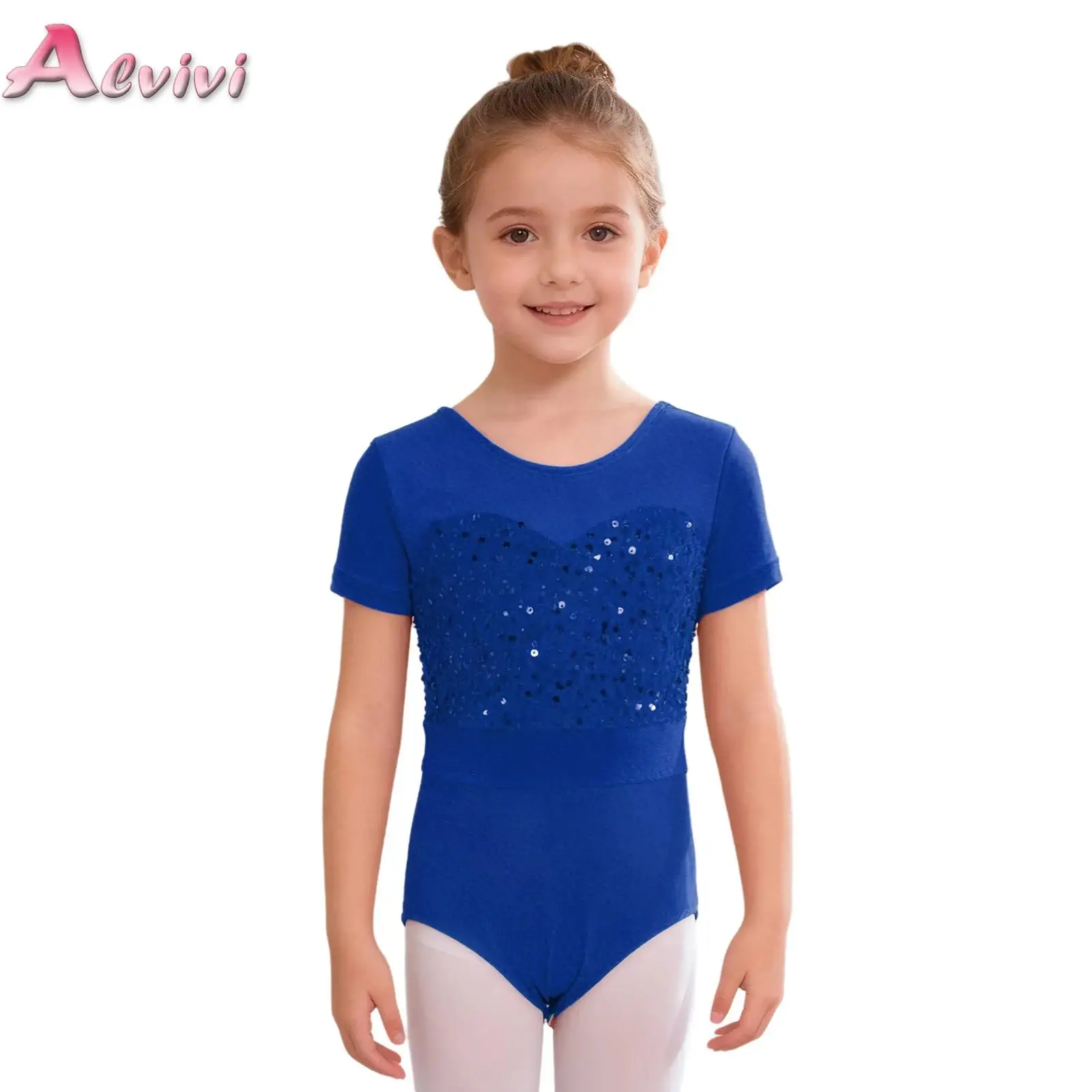 

Kids Girls Ballet Dance Leotard Round Neck Short Sleeve Shiny Sequins Velvet Patchwork Bodysuit for Rhythmic Gymnastics Sports
