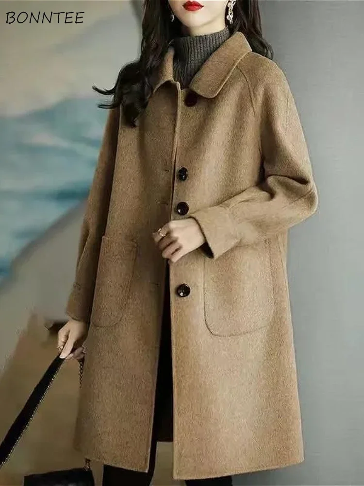 

Зимнее длинное смесовое женское шерстяное пальто, офисное женское простое модное Ulzzang High Street, теплая универсальная повседневная 4-цветная одежда