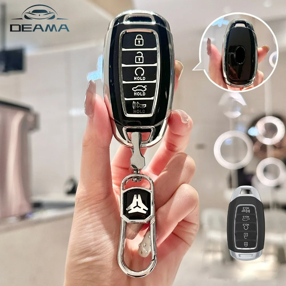 TPU Key Case for Hyundai Elantra GT Sport Santa Fe Palisade Kona Keyless Entry Smart 5 Buttons Key Fob Cover Keychain