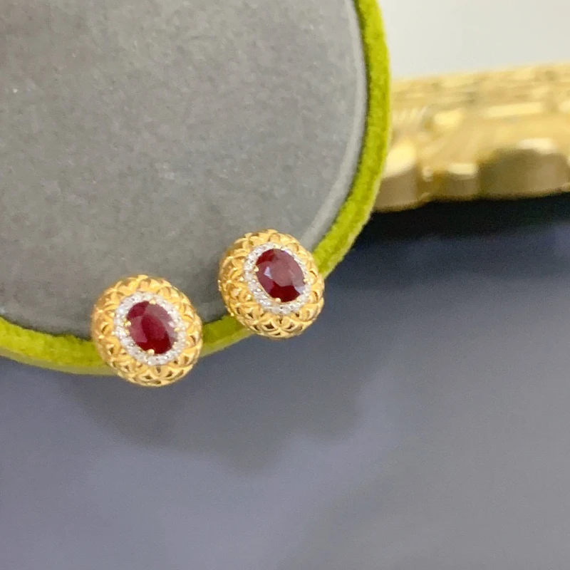 Aazuo 18k Yellow Gold Jewerly Natural Ruby Real Diamonds Fairy Stud Earrings Gifted For Kids Women Engagement Wedding Party