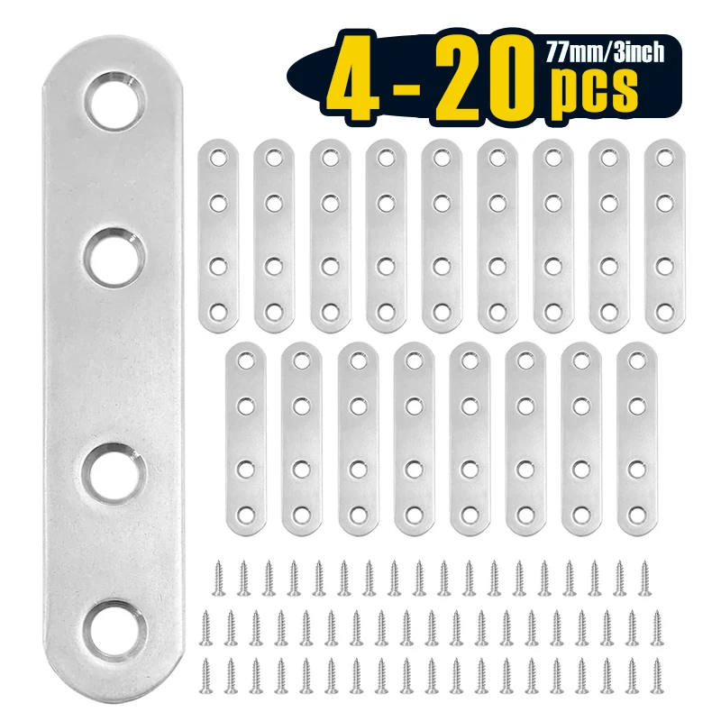 4-20 PCS 3” 77mm Straight Flat Brace, Stainless Steel Sturdy Bracket, Metal Strap for Wood Furniture Chair with Screws
