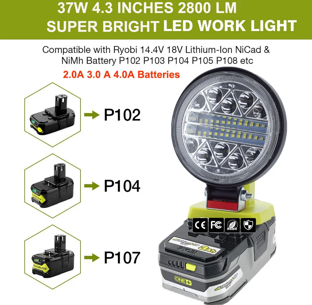 Luz LED de trabajo adecuada para Ryobi One + 14,4 V, 18V, batería de litio y níquel, P108, P104, foco de batería de iones de litio