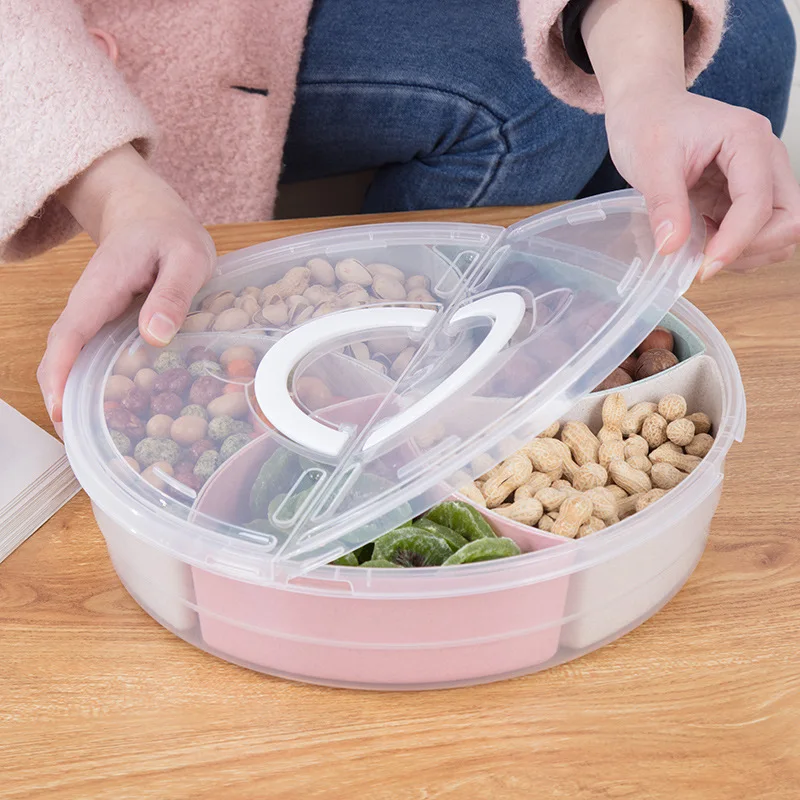 Bandeja de almacenamiento de alimentos multifunción con tapa, bandeja de contenedores de alimentos para mantener nueces y dulces, plato de aperitivos de frutas secas, plato para servir