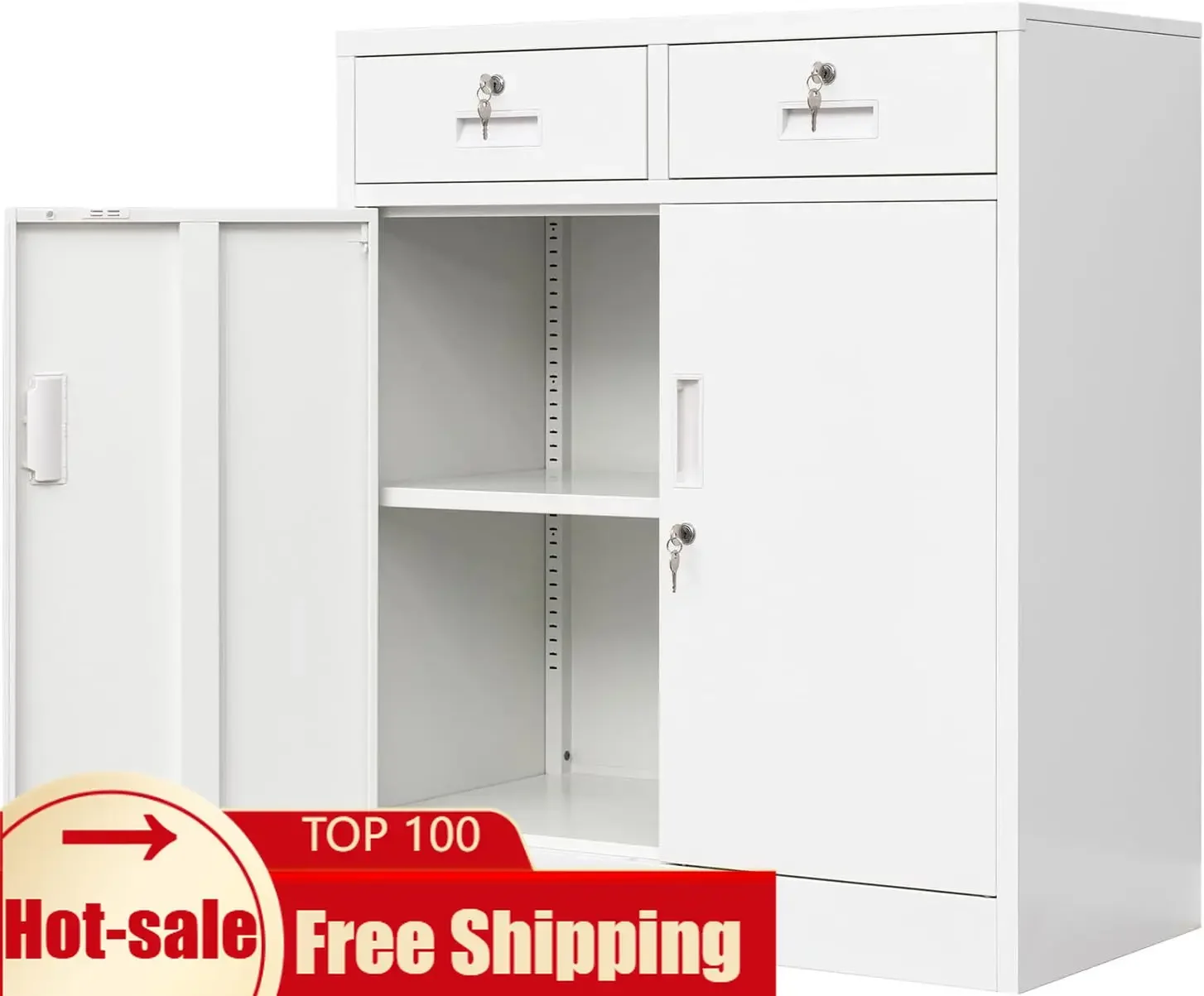 Metal Storage Cabinet Locking Cabinet Adjustable Shelf Drawers Office Garage Home White