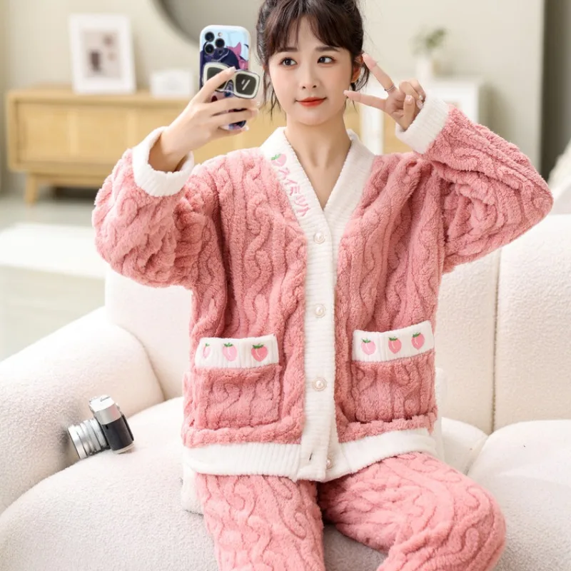 Plus Velvet Pajama Sets Women Sleepwear Long Sleeve Thick Coral Fleece Winter Students Preppy Loose Korean Home Cozy Soft Female