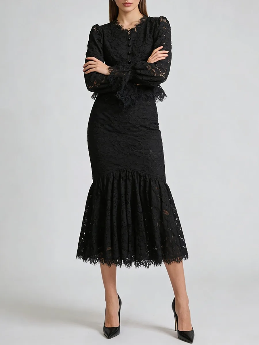 TWOTWINSTYLE Slimming Sheer Spliced Lace Two Piece Sets for Women V Neck Long Sleeves High Waist Irregular Skirt Set Female New
