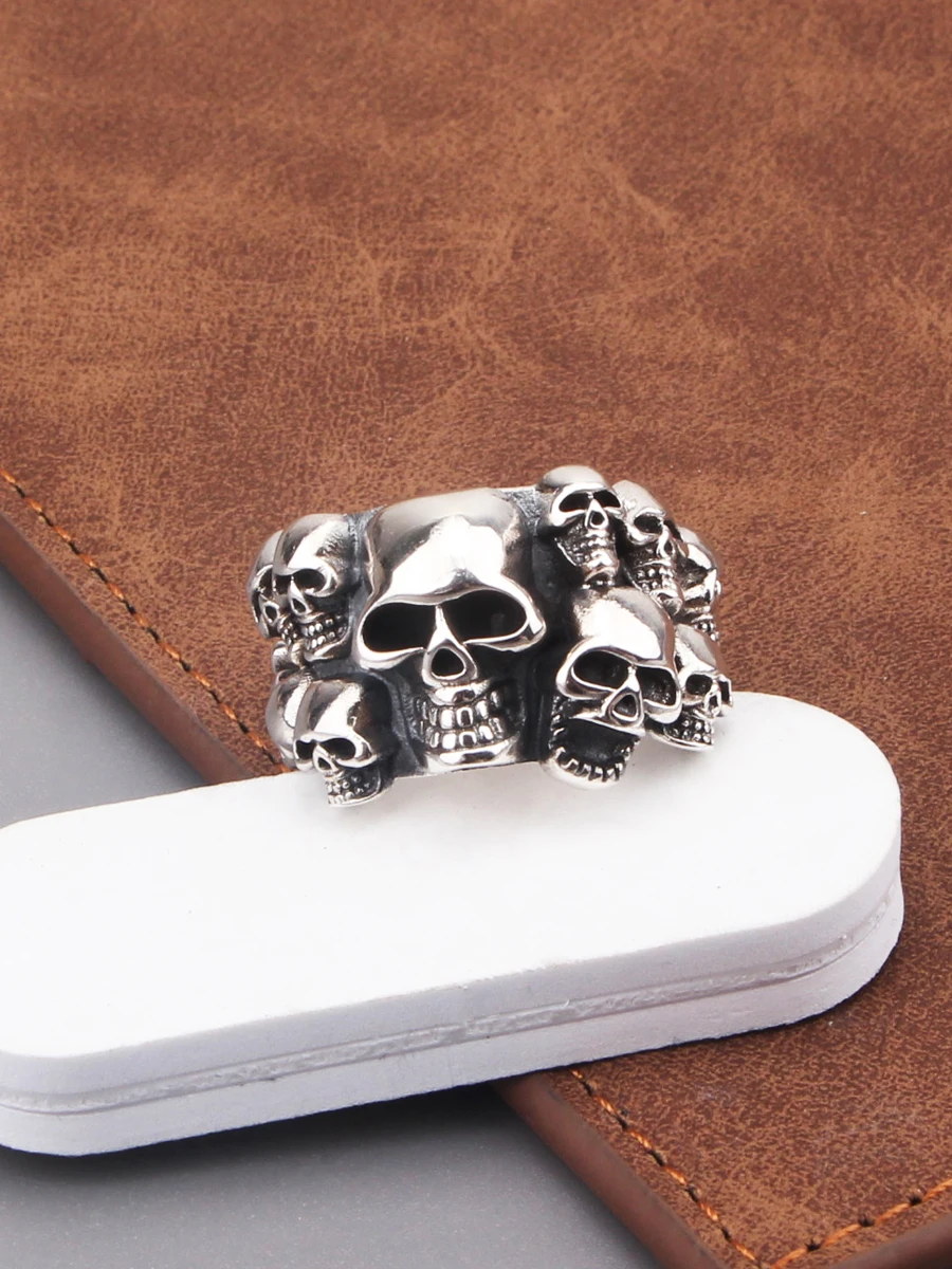 

Europe and America S925 sterling silver retro index finger skull open ring trendy men's stylish dark punk style ring