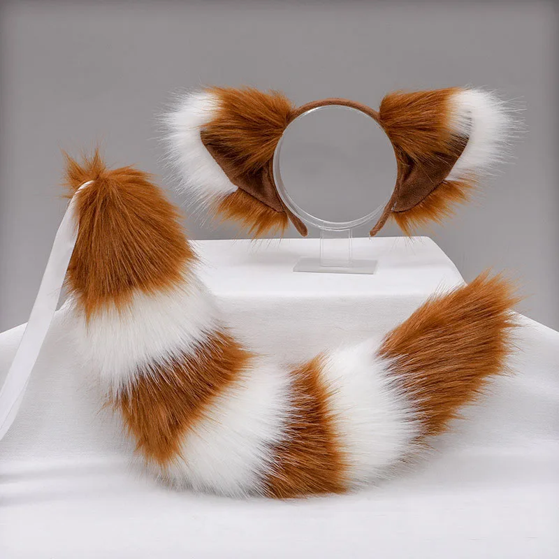 Cosplay Ears Tails Set Fox Fur Plush Headband Black White Panda Color Brown Adult Christamas Party Headwear Tails Cosplay Prop