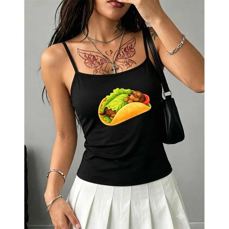 Women Funny Dachshund Taco Graphic Crop Cami Tank Top Cute Dog in Taco Print Sleeveless Slim‑Fit Camisole Casual Animal Lover