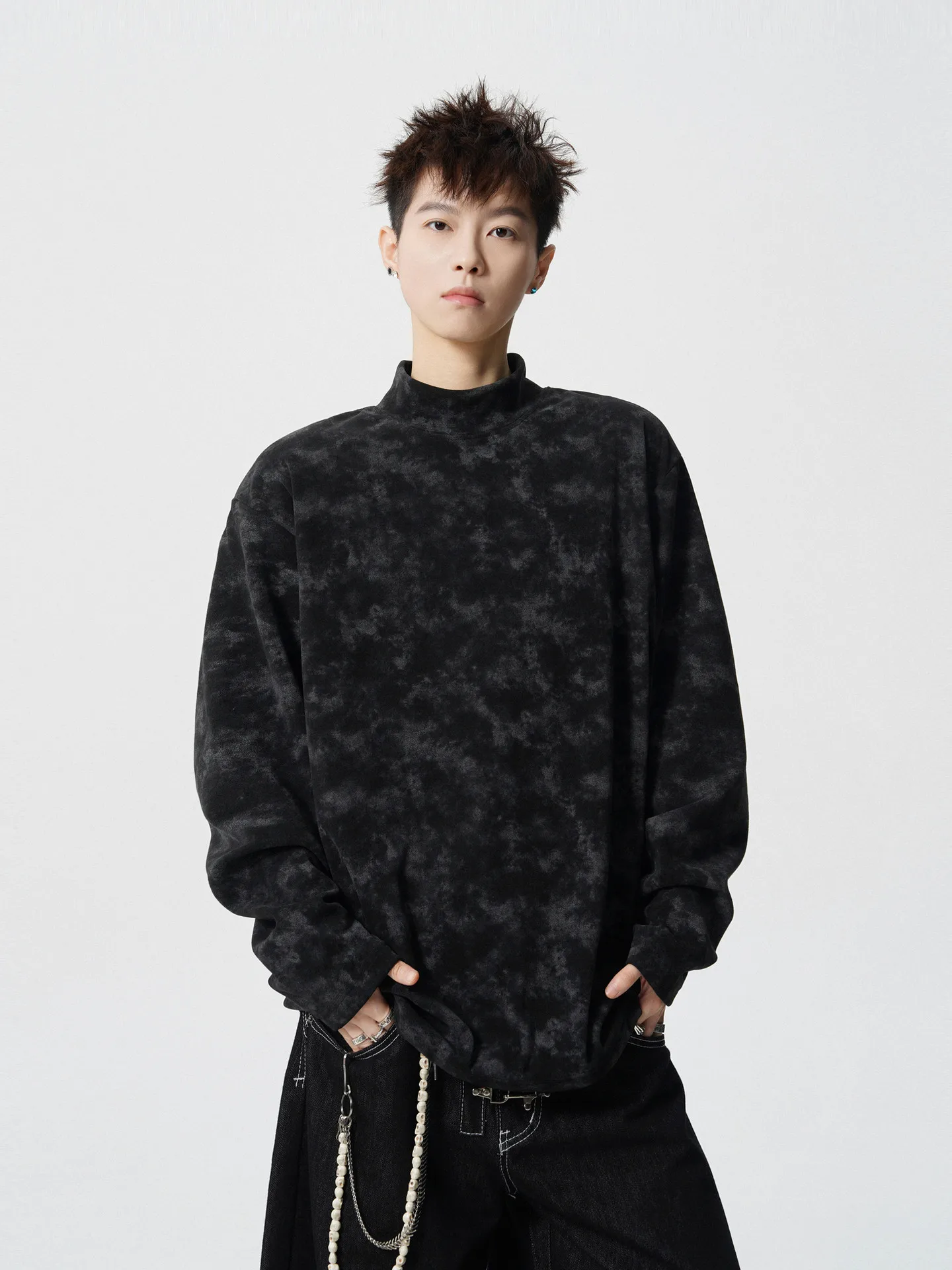 

Мужская модная свободная флисовая теплая базовая футболка с длинным рукавом из немецкого вельвета в стиле тай-дай, американский хип-хоп