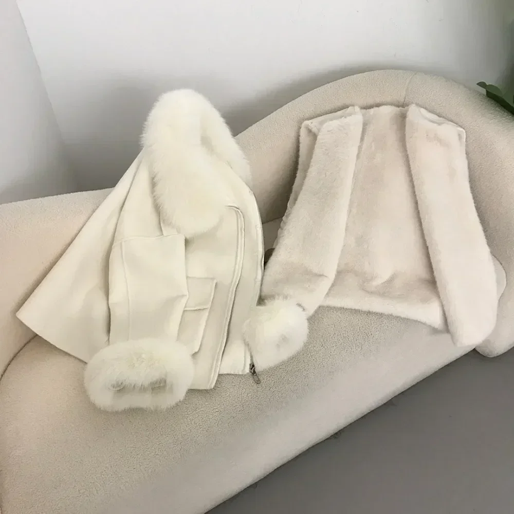 معطف صوف على الوجهين بطانة داخلية قابلة للإزالة بالإضافة إلى سترة صوف قصيرة من الفرو لخريف وشتاء 2024 سترة بياقة من فرو الثعلب معطف فرو حقيقي