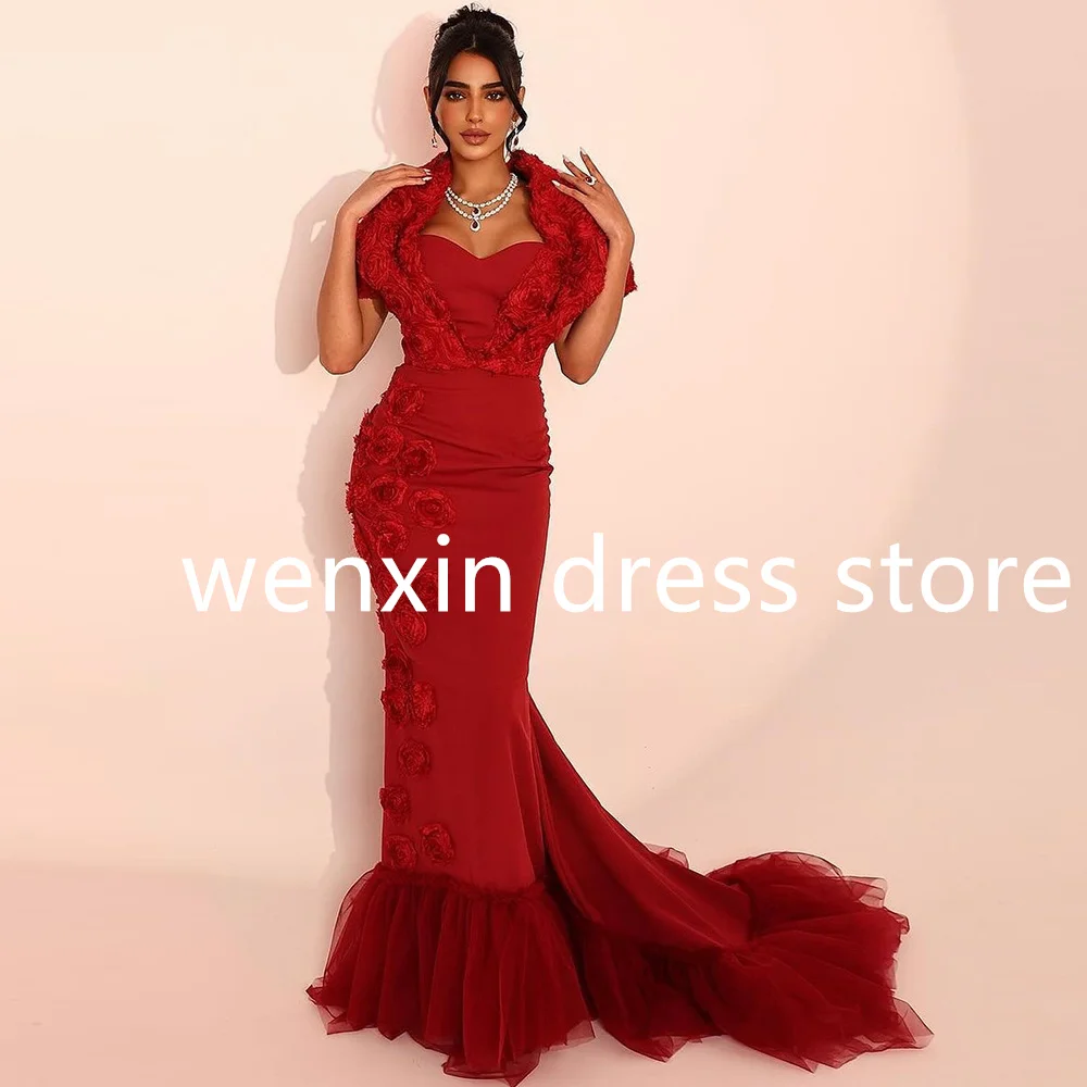 Exquisite Mermaid Red Floor Length Square Neck Jersey Sleeveless Evening Dress Classic Court Train Pleat 3D Flowers Saudi Arabia