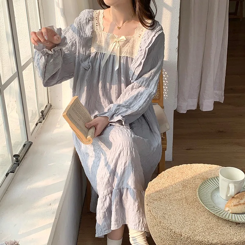 

Long-Sleeved Harajuku Style Nightgown Women's Pajamas Lace Sweet Cute Nightdress Spring Summer 2026 New Square Collar Home Wear
