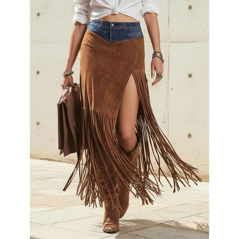 

Women's Denim Suede Patchwork Tassel Skirts 2026 Stylish Western Cowboy Vintage Cool Girl Long Skirt Woman Clothes 193616