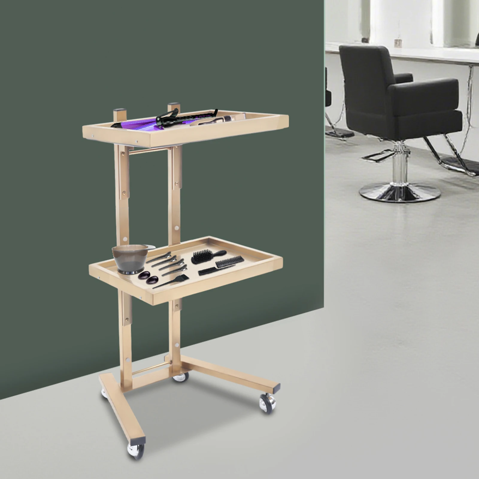 

2-Tiers Beauty Salon SPA Rolling Cart Gold Foldable Tray Trolley Stainless Steel 40*30*86cm