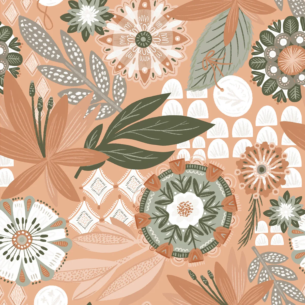 Terracotta Boho Mandala Floral Peel and Stick Wallpaper Retro Ethnic Botanical Self Adhesive Removable Contact Paper Waterproof