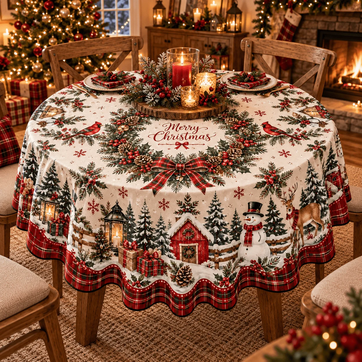 1 piece, farmhouse style Christmas round tablecloth, cardinal snowman reindeer wreath plaid Christmas table cover