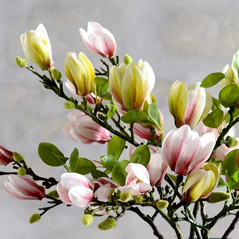 High Quality Real Touch Latex Magnolia Artificial Flower Branches With Leaf For Home Living Room Table Decoration 10Pcs