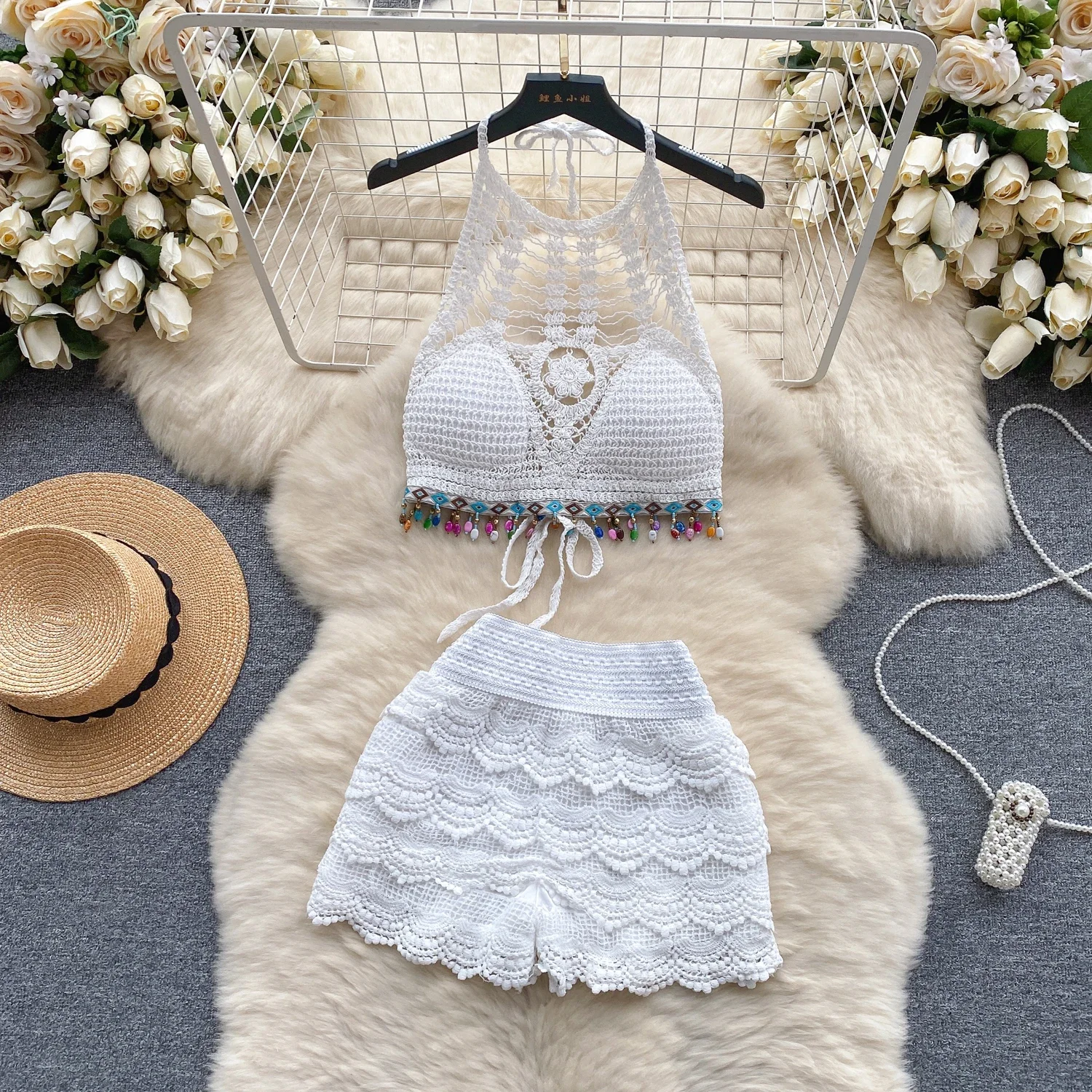 Knit Two Piece Sets Women Summer Vacation Backless Camisole Elastic Waist Shorts Hollow Out Y2K Beach Style Suits