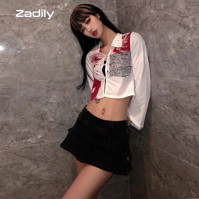 2024 Halloween Street Style Slim Long Sleeve Print Women Short Shirt Sexy Button Ladies Crop Top Party Blouse New In Clothing