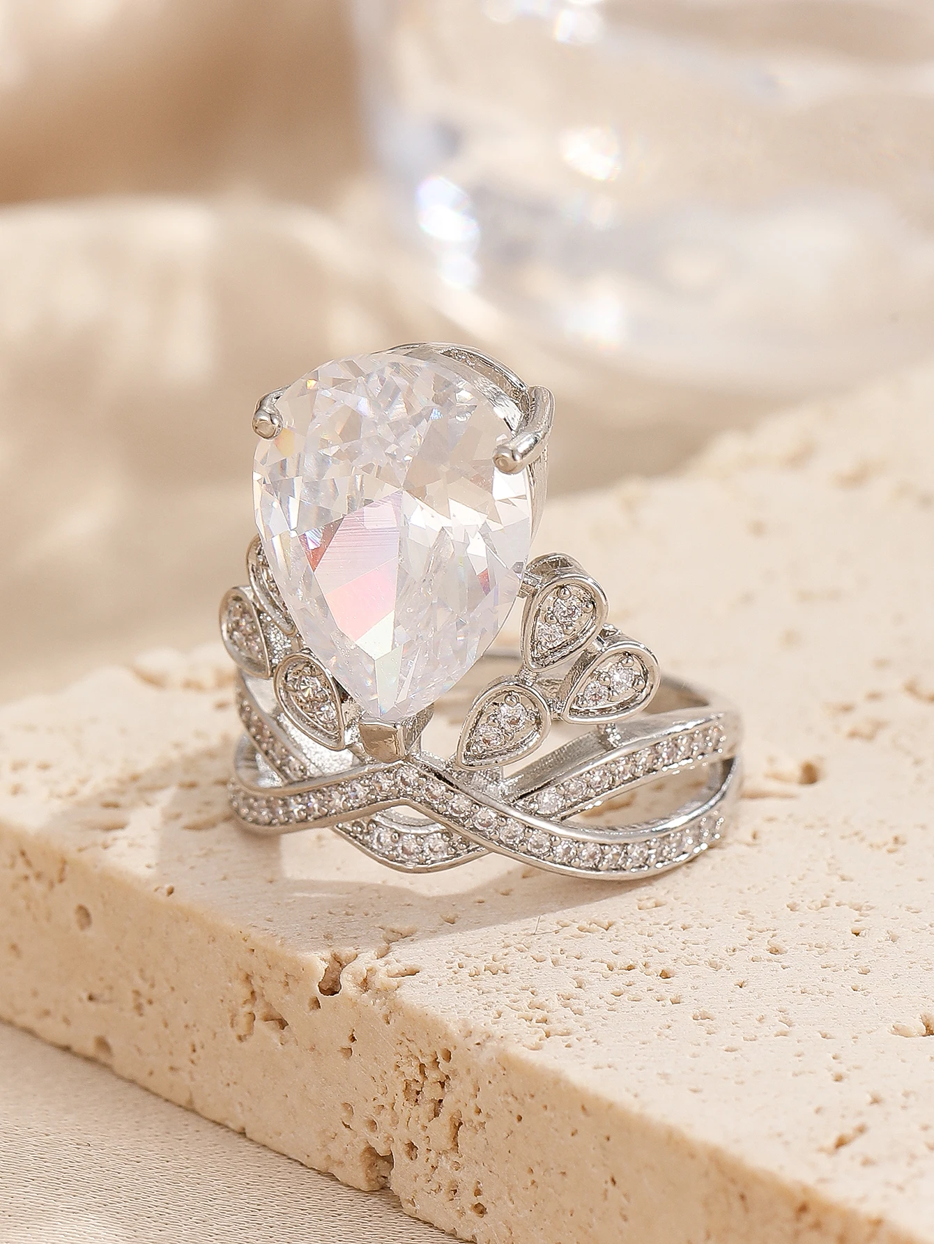 Water Droplet Shaped Zircon Series Ring Commemorative Gift For Friends