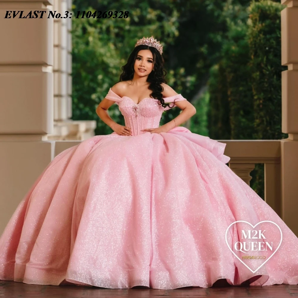 EVLAST Customized Pink Quinceanera Dress Ball Gown Shiny Applique Beading Bow Mexico Corset Sweet 16 Vestidos De 15 Anos E3Q11