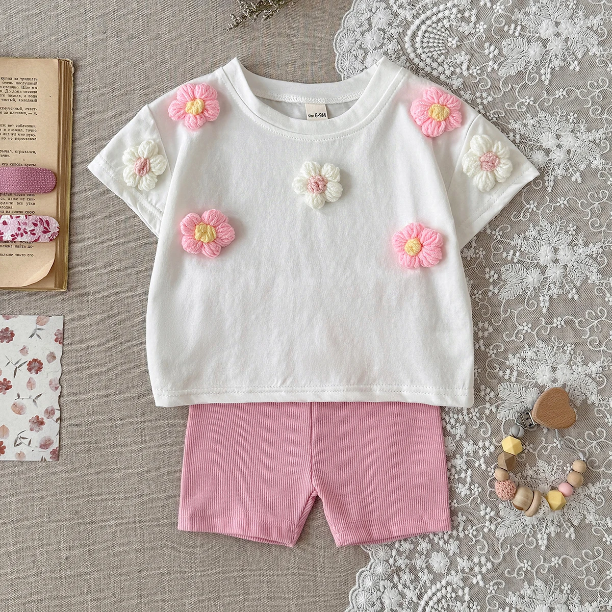 Summer Infant Girl's 3D flower Short Sleeve T-Shirt And Pink Shorts Set Cute Casual Baby Outfit Two-Piece Ensemble 0-3Y