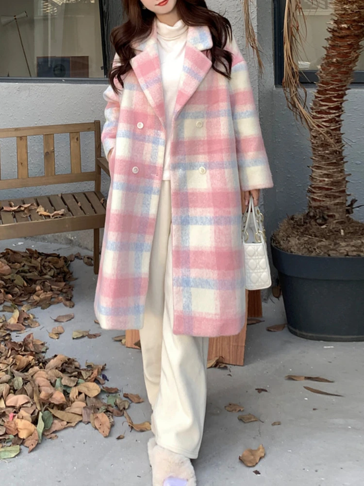 

Plaid Rainbow Wool Coat Women Korean Fashion Loose Casual Long Trench Coat Female Elegant Warm Outwear Overcoat Winter 2022 New