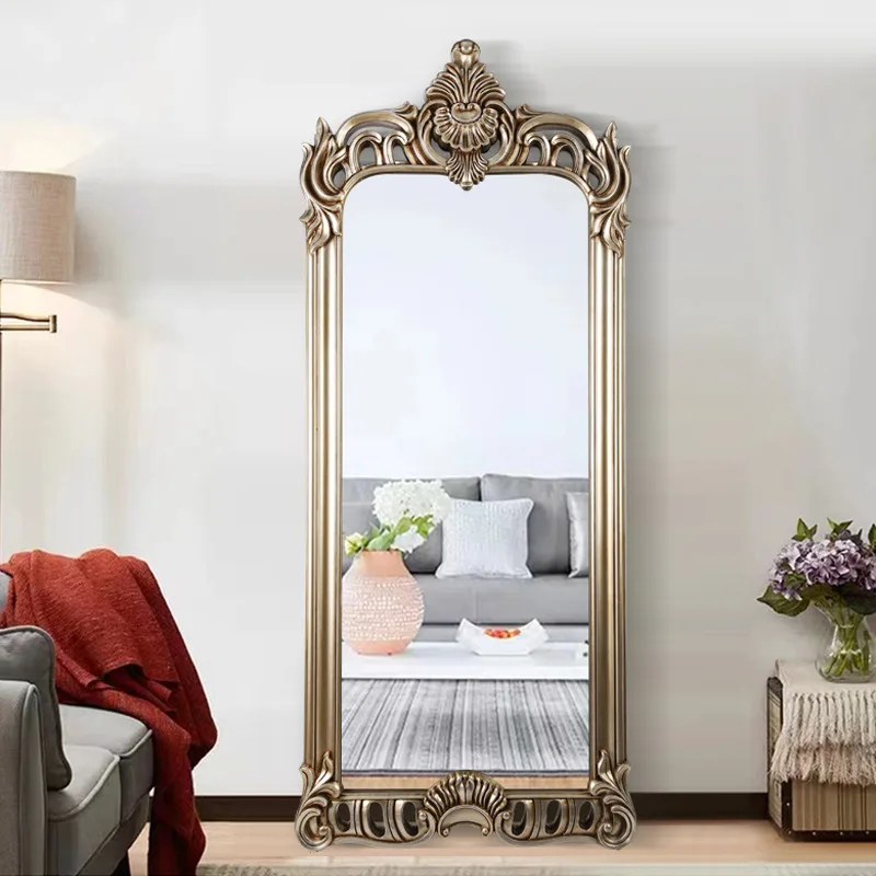 European-style hollow carved belt support foot floor mirror clothing store full-body dressing mirror living room wall decoration