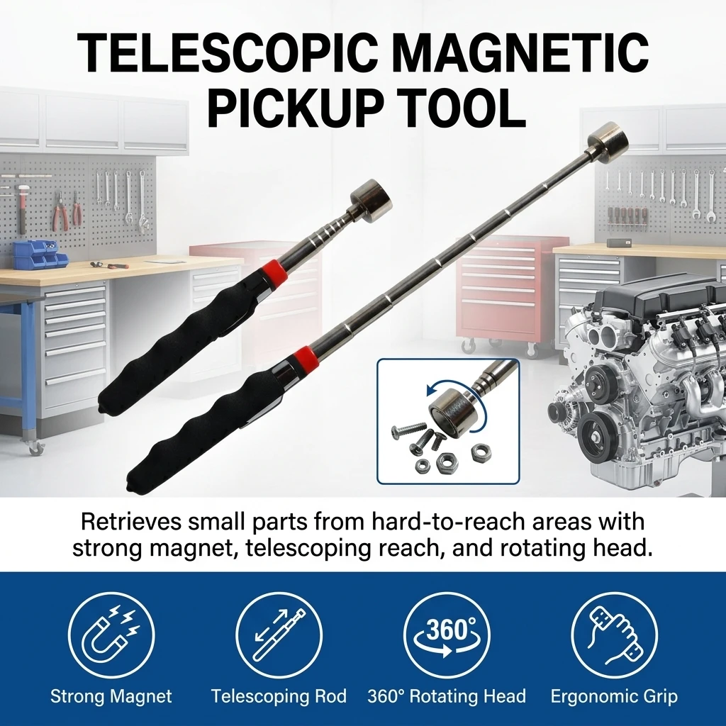 Magnetic Pickup Tool Stainless Steel Telescoping Rod Neodymium Magnet 360 Rotating Head for Automotive Repair Workshop Home