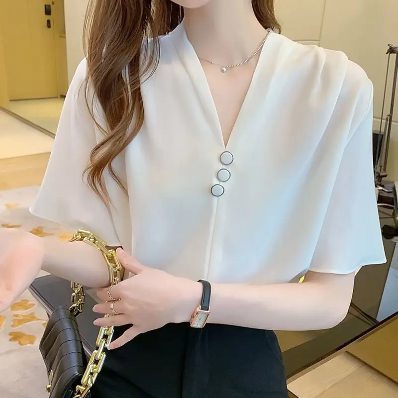 

Temperament Chiffon Shirt Tops Summer New V Neck Short Sleeve Solid Color Simplicity Loose Blouse Korean Fashion Women Clothing