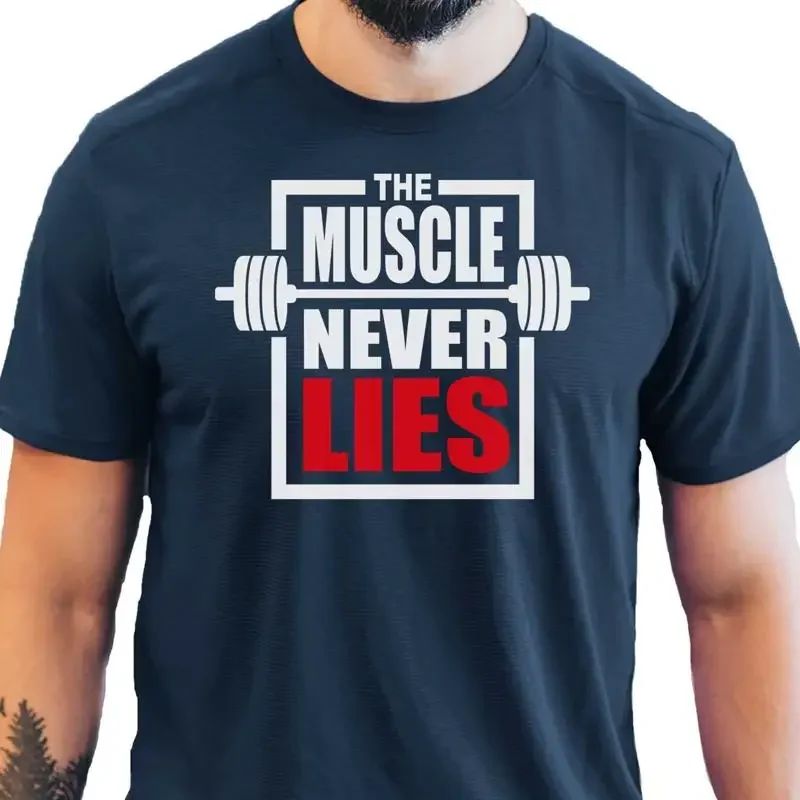 The Muscle Never Lies Men's T shirt Fun Cool Bodybuilding Gym Navy 17