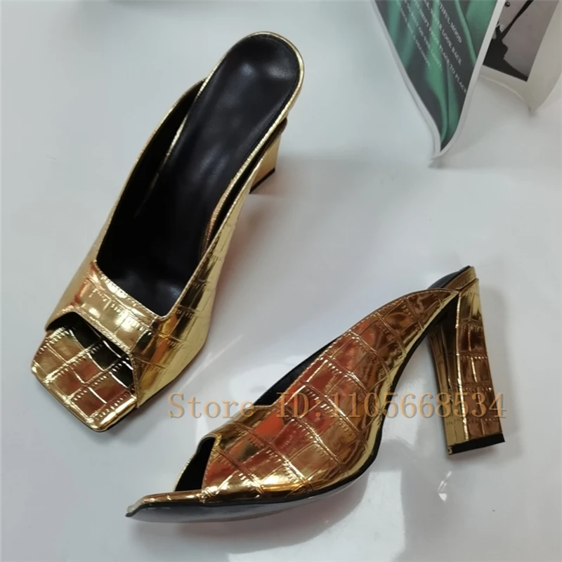 Fashion Women Croc Embossed Block Heel Mules Square Peep Toe High Heel Slide Slippers Elegant Ladies Evening Party Shoes