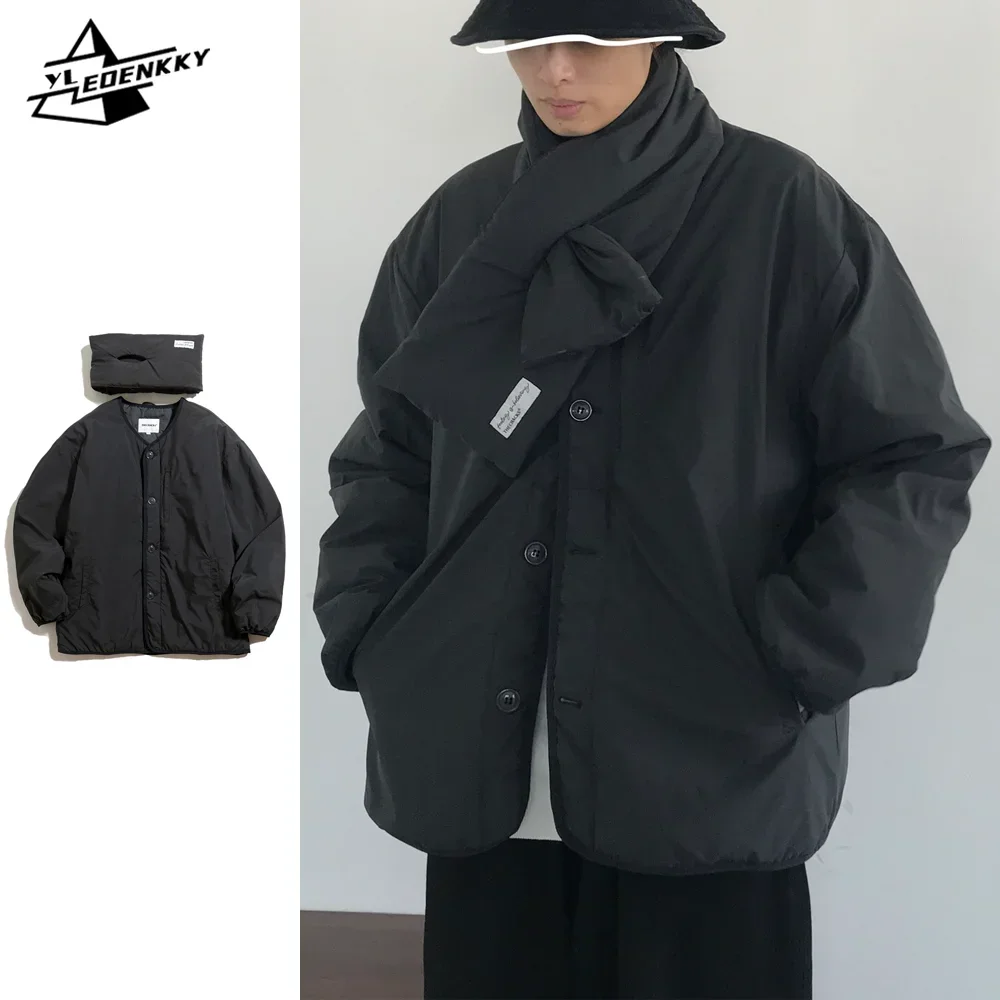 Warm Cotton Coat Men Women Winter Loose Thickened Jacket Street Vintage Solid Color Parka Harajuku Casual Couple Coat with Scarf