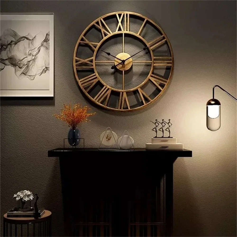 Large Roman Numerals Wall Clock with Retro Round Metal Iron Frame.Accurate Silent Nordic Hanging Ornament Living Room Decoration