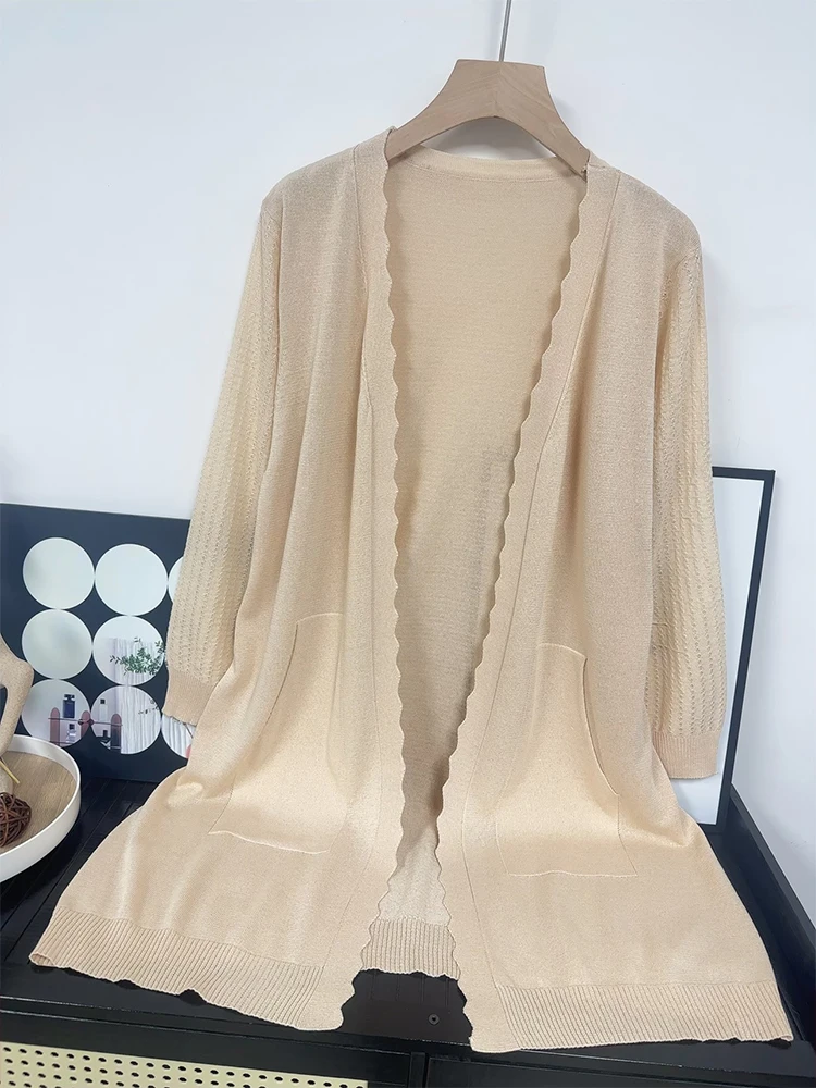 High Quality Ice Silk Knitted Mid Length Cardigan for Women's Summer Thin Sun Protection Top Paired with Shawl Jacket