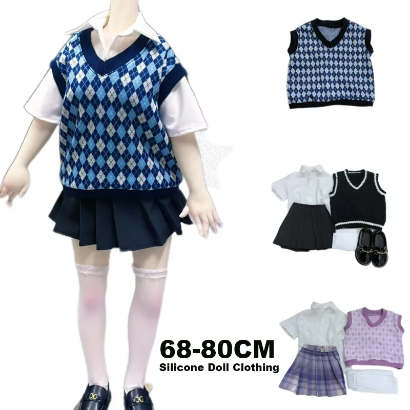 silicone-doll-hand-crocheted-vest-jk-uniform-white-shirt-pleated-skirt-socks-shoes-preppy-style-set-soft-colorfast-doll-clothing