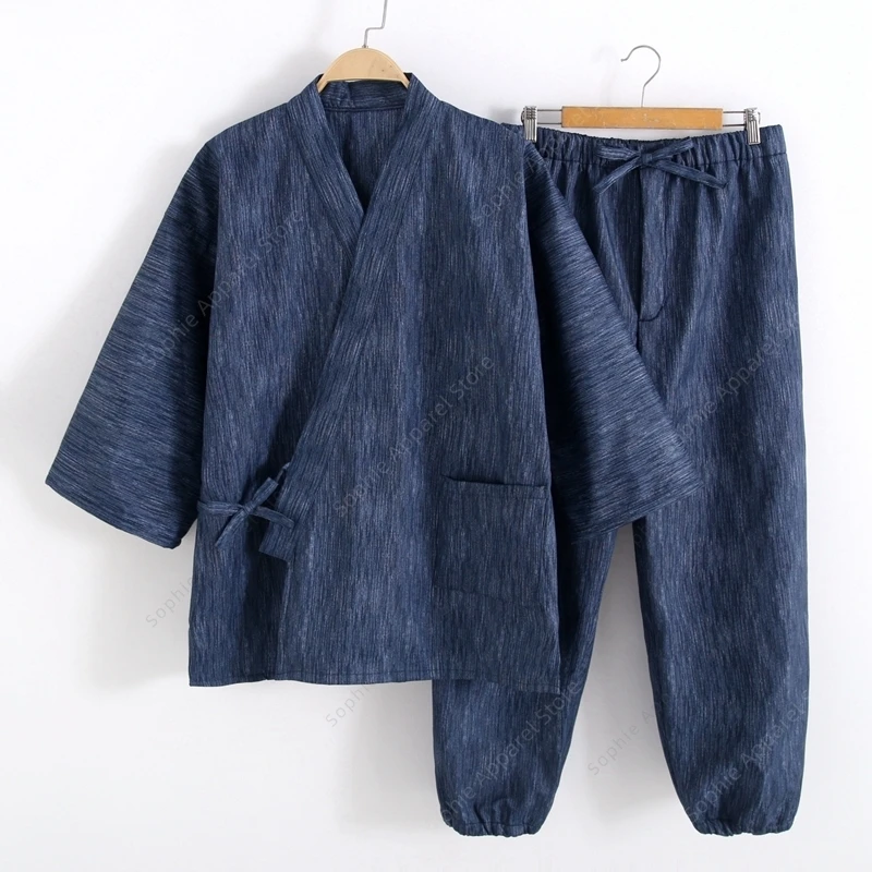 Japanese Samue Winter Warm Set Men Women Thick Fleece-Lined Workwear Robe Solid Cuffed Drawstring Pants Simple Kimono Suit