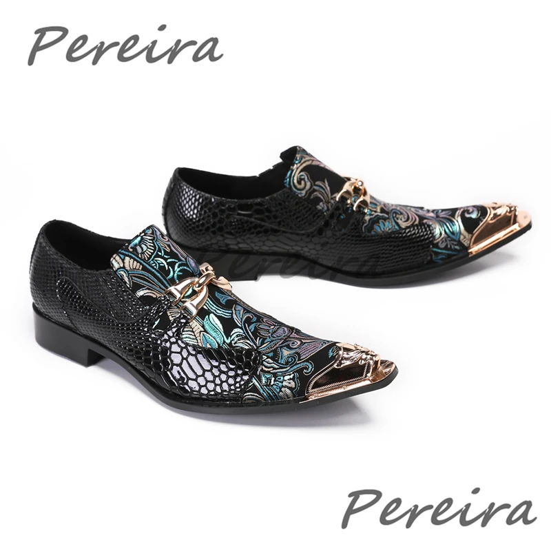 

Men Embroidery Metal Decor Business Casual Shoes Luxury Patchwork Pointed Toe Slip On Cowhide Dress Shoes Banquet Party Loafers