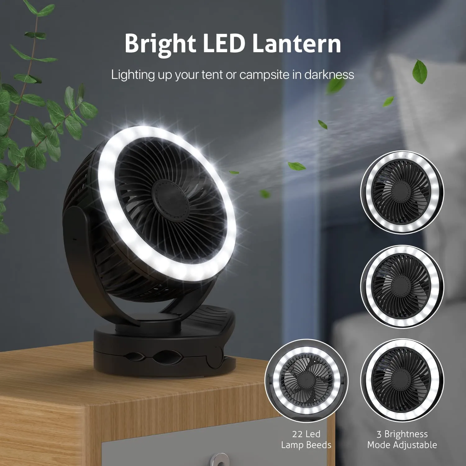 

10000mAh Portable Fan USB Rechargeable, Clip On Ceiling Table Fan for Camping Office, With 3 Speeds LED Light Air Cooling Fan