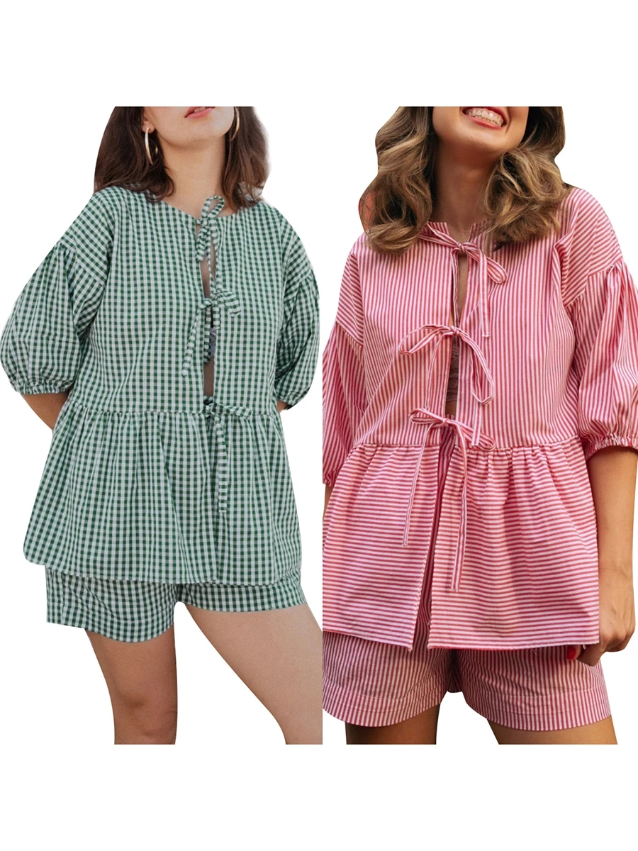 Women 2 Piece Pajamas Set Tie-up Front Short Sleeve Tops Low Waist Shorts Suit Striped Shorts Outfits Streetwear