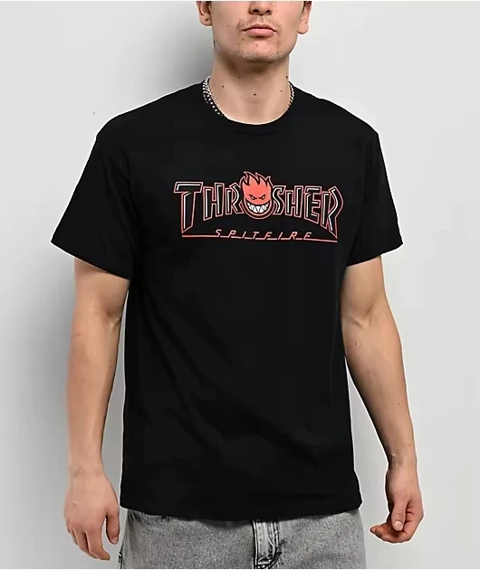 2026 Men Black Vintage Skate Letter Graphic T Shirt Short Sleeve Loose Retro Red Outline Font Print Casual Streetwear Tee