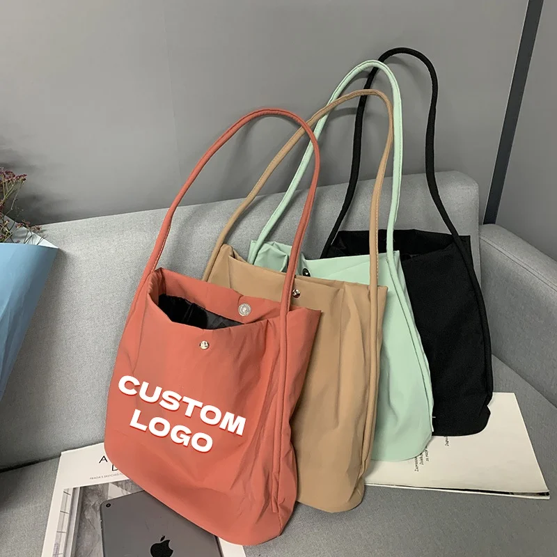 Custom Logo Nylon Tote Bag Solid Color Snap Button Pocket Long Shoulder Strap Women Lightweight Handbag For Work Daily Shopping