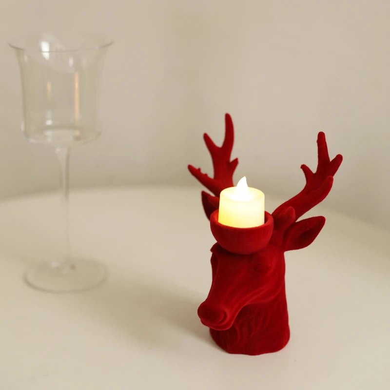 Red Velvet Deer Head Candlestick Ornament,Christmas Themed Creative Candle Stand,Festive Home Decor Prop for Holiday Decoration