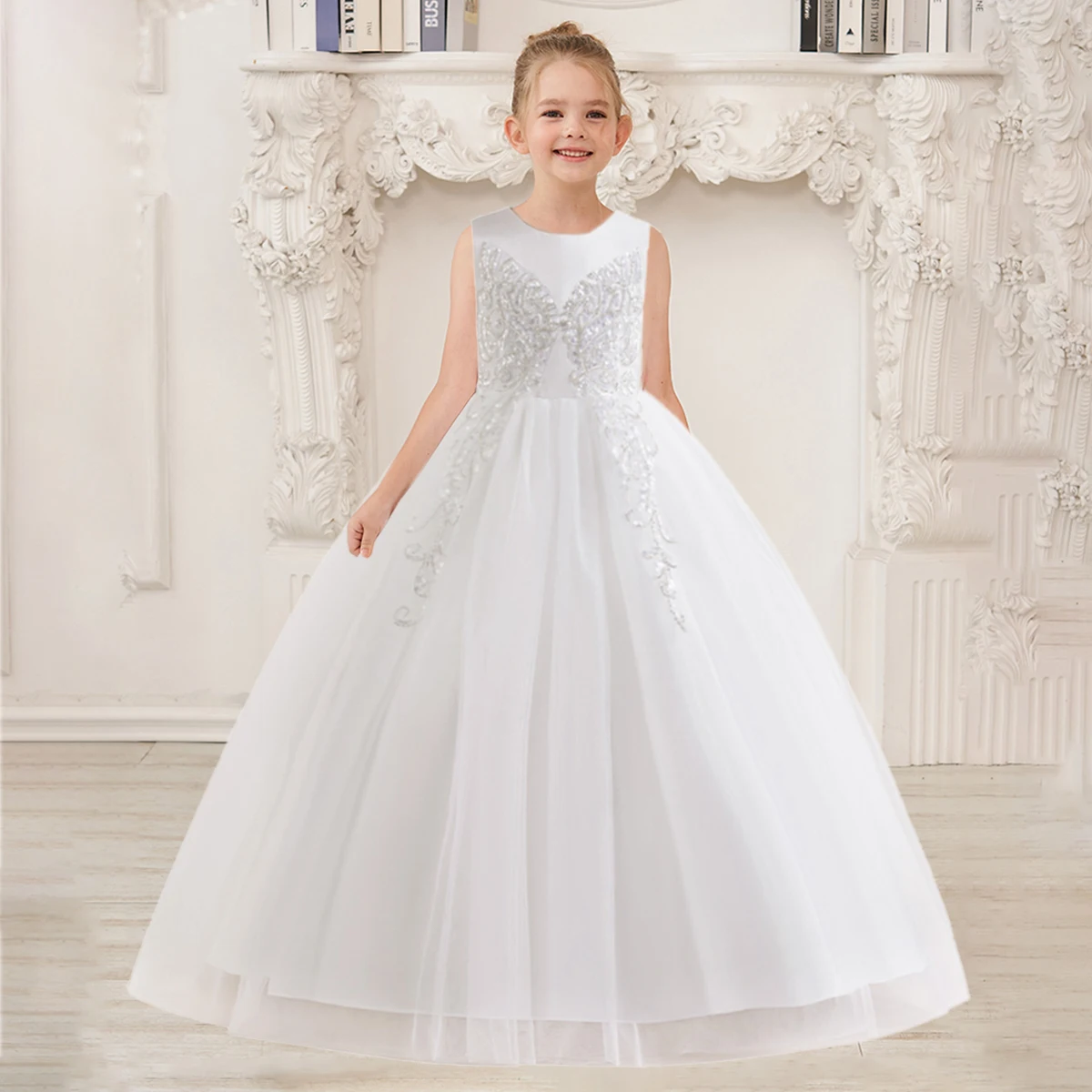 Fluffy White Bridemaid Girls Dress Elegant Bow Lace Wedding Princess Evening Kids Party Dresses for Girl Sequin Birthday Costume