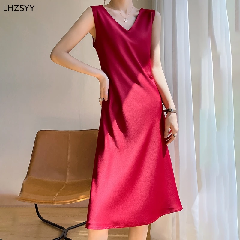 Imagem -05 - Lhzsyy-vestido de Seda Cetim sem Mangas para Mulheres Seda Amoreira Saias Longas do Quadril Decote em v na Frente e Atrás Colete Primavera e Verão Novo