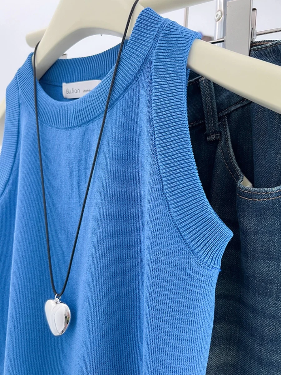 블루 아이스 실크 니트 스트랩 베스트 여성 여름 얇은 슬림핏 아우터웨어 베이스 셔츠 출퇴근용 슬리브 길이...